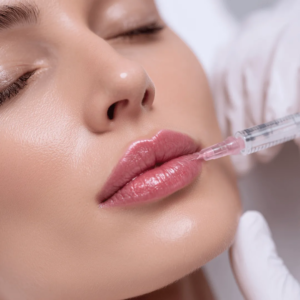 Femme recevant des injections d’acide hyaluronique dans les lèvres chez un médecin esthétique à Paris