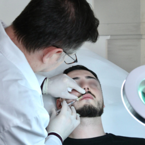 Injection d’acide hyaluronique du visage réalisée lors d’une consultation par le docteur esthétique Paris Dominique Bellecour dans un cabinet de médecine esthétique